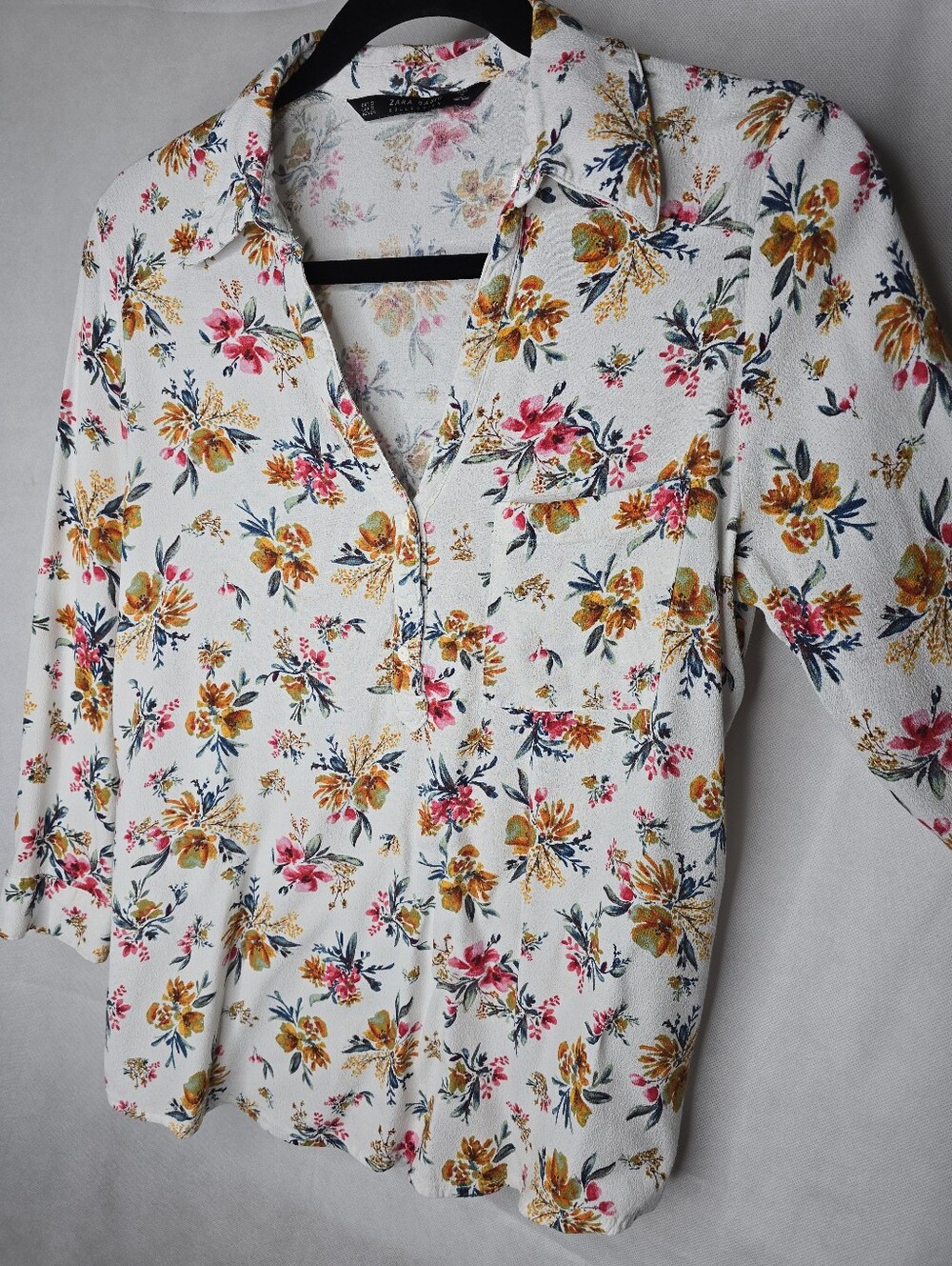 Zara Popover Blouse White Multicolor Floral Collared 3/4 Sleeve Romantic Boho S